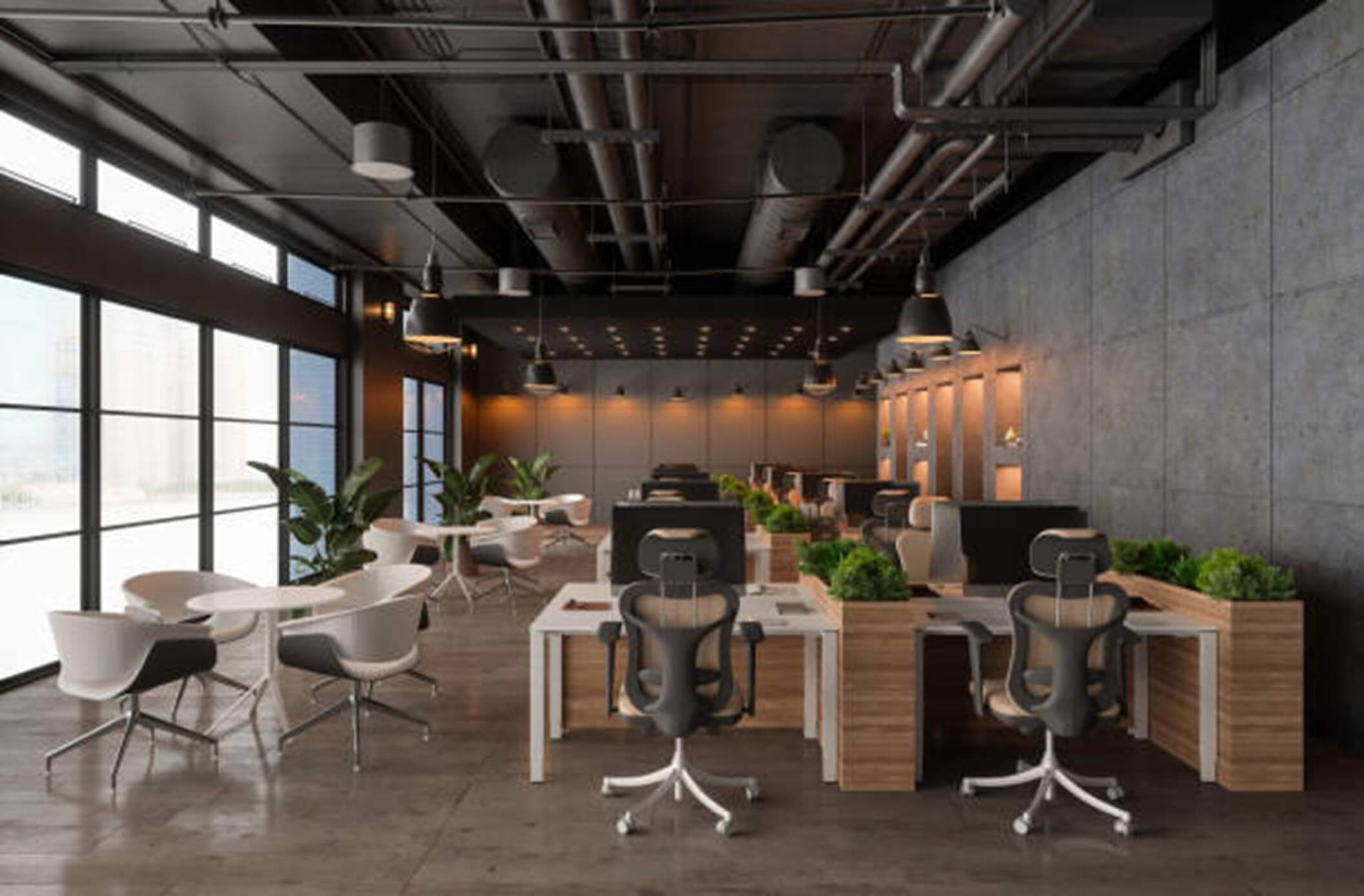 Modern co-working space Large bright space. White tables and chairs on the right. Modern office desks in soft hues and plants on the left.