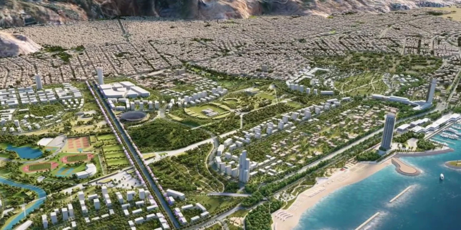 Εικονική αεροφωτογραφία με πάρκο, αθλητικές εγκαταστάσεις, κτίρια, παραθαλάσσιο ουρανοξύστη και μαρίνα.