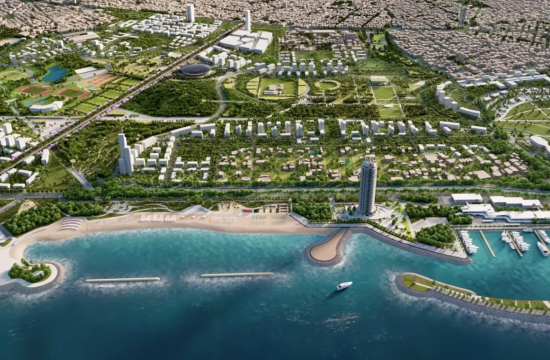 Κτίρια, πλαζ, ουρανοξύστης Riviera και μαρίνες. Πίσω κτίρια και πάρκο.